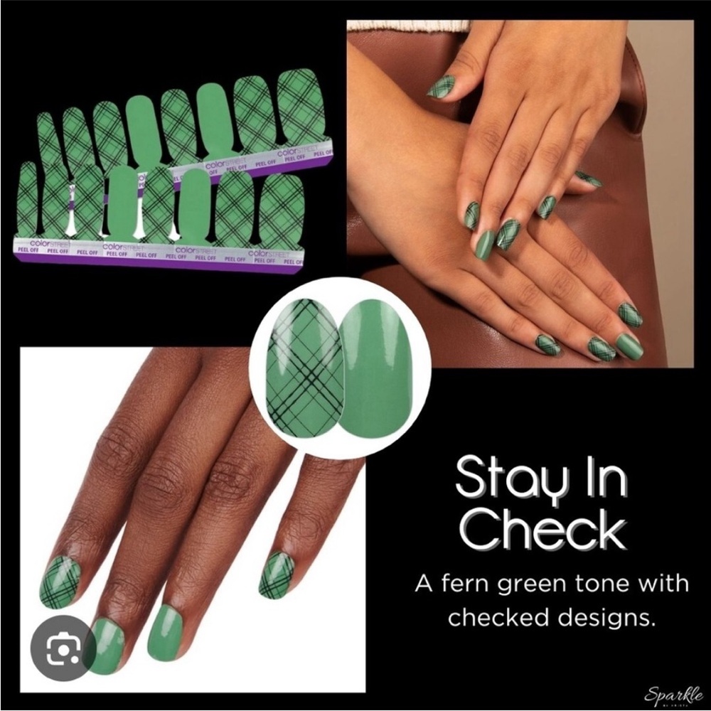 Color Street "Stay In Check" Fern Green with Checkered Design Nail Strips NWT